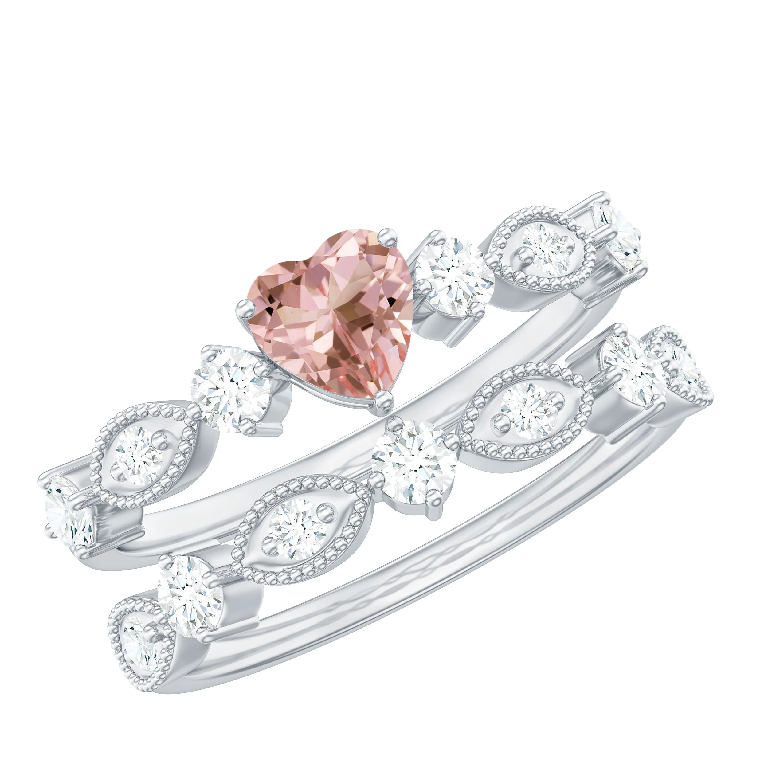 Heart Shape Morganite Stackable Ring Set with Diamond