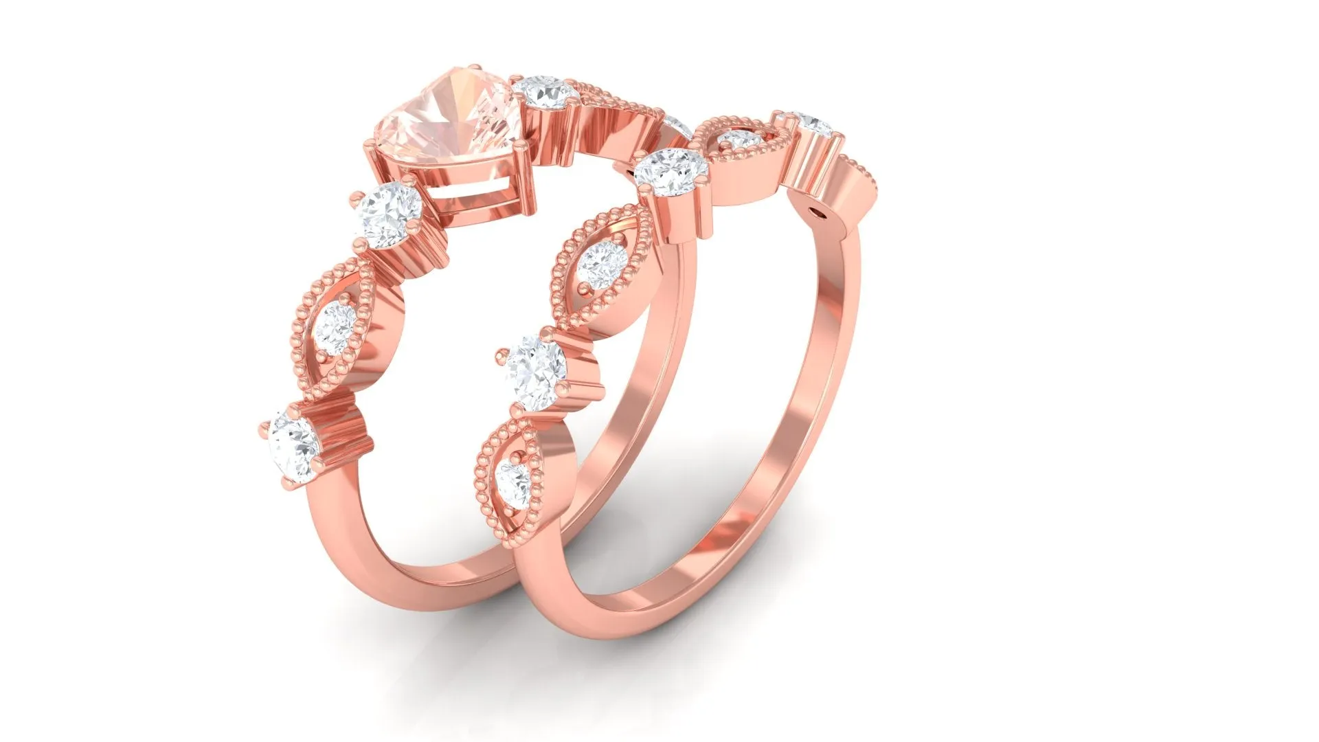 Heart Shape Morganite Stackable Ring Set with Diamond