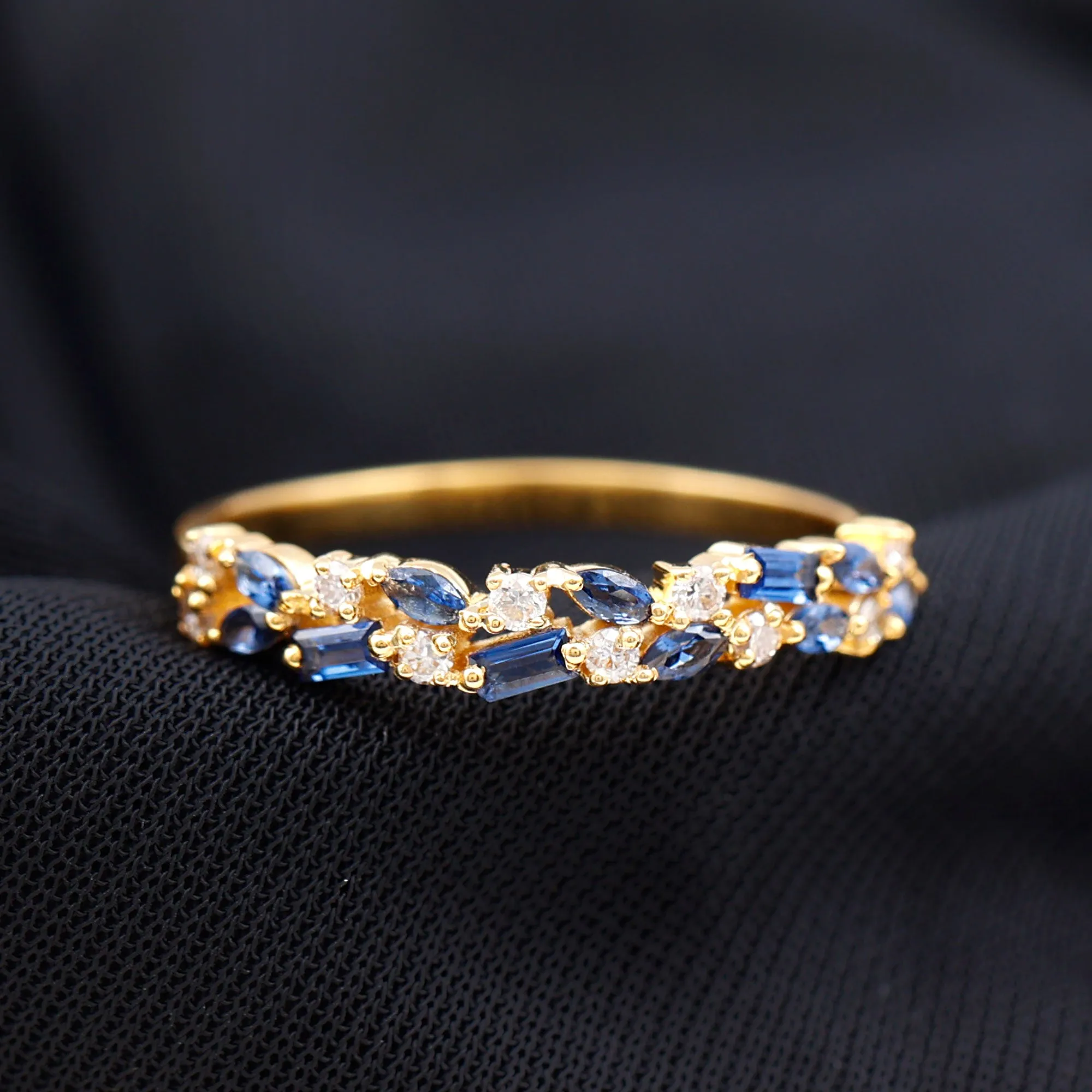 Lab Created Blue Sapphire and Diamond Cluster Half Eternity Ring