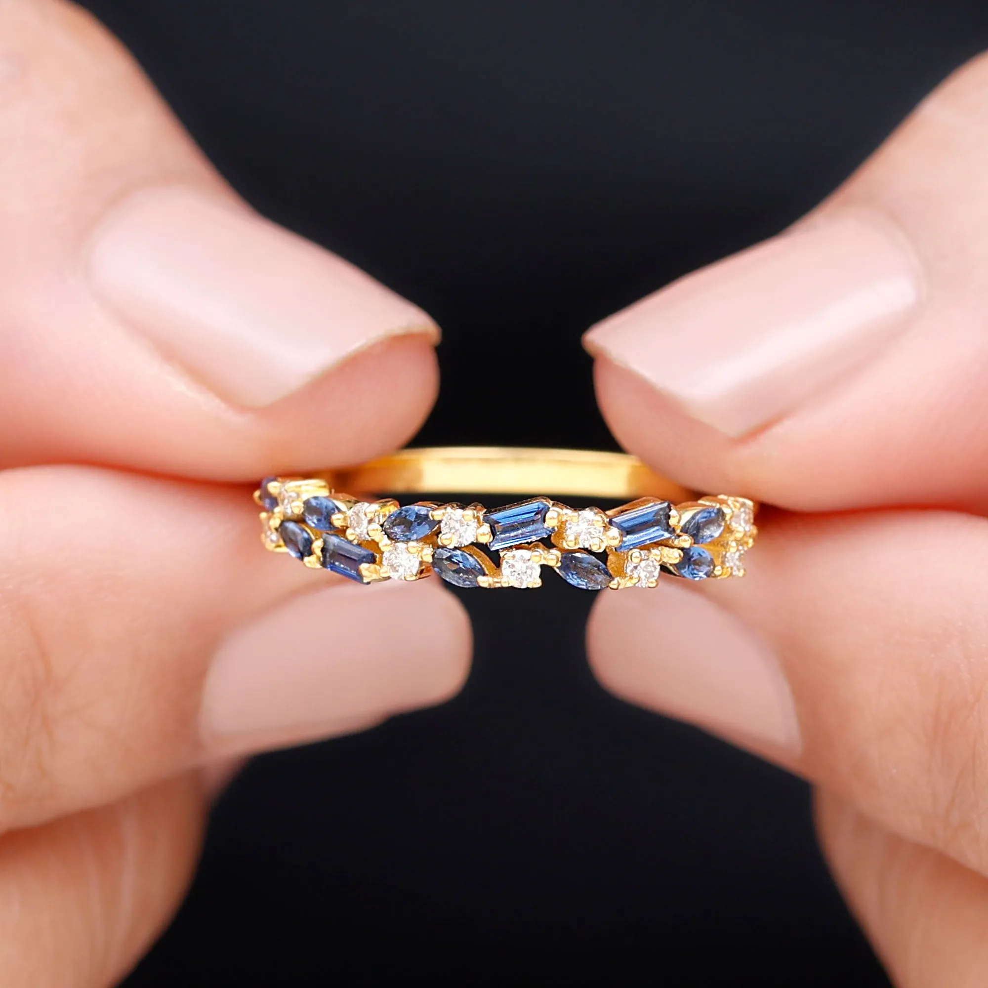 Lab Created Blue Sapphire and Diamond Cluster Half Eternity Ring