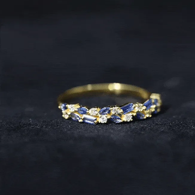 Lab Created Blue Sapphire and Diamond Cluster Half Eternity Ring