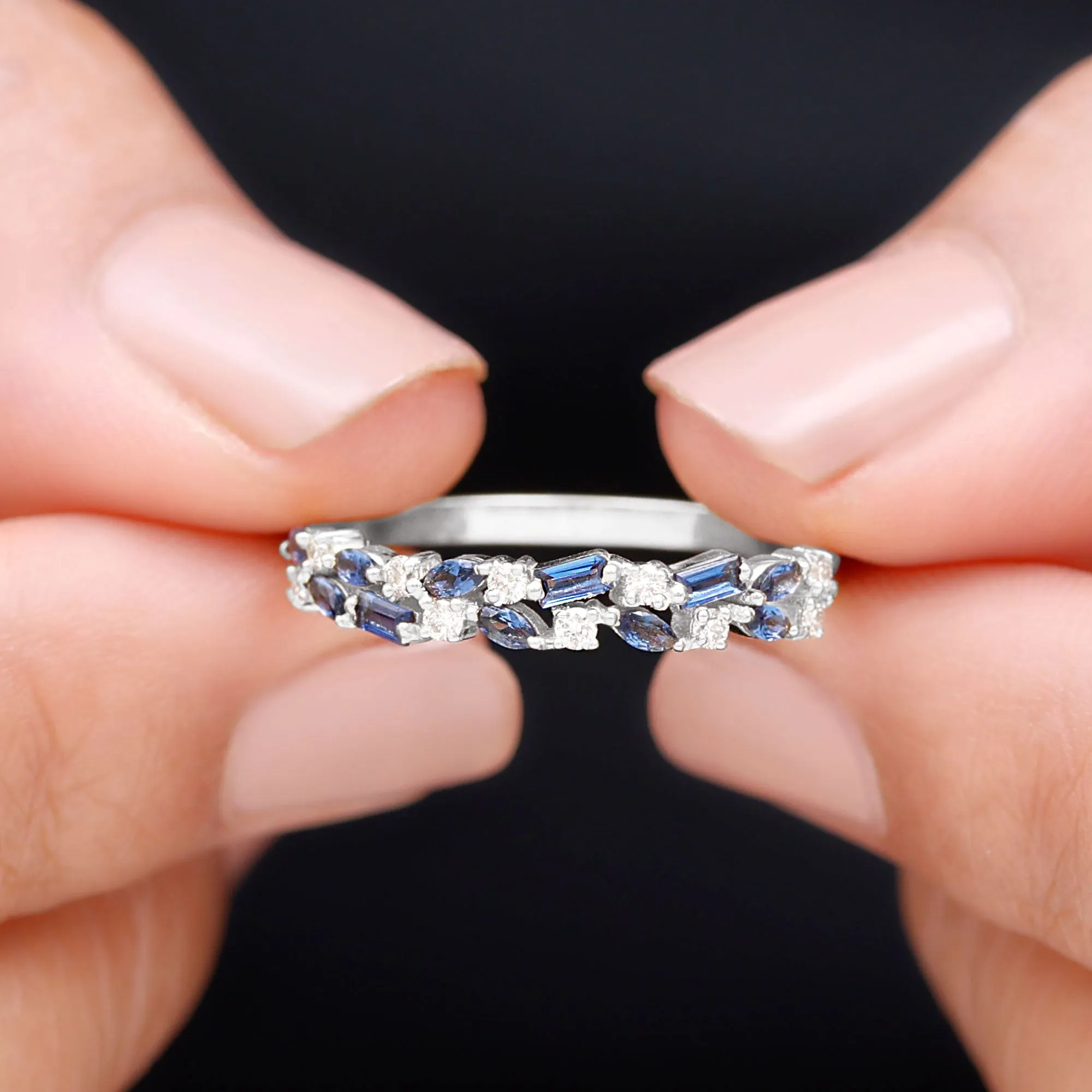 Lab Created Blue Sapphire and Diamond Cluster Half Eternity Ring