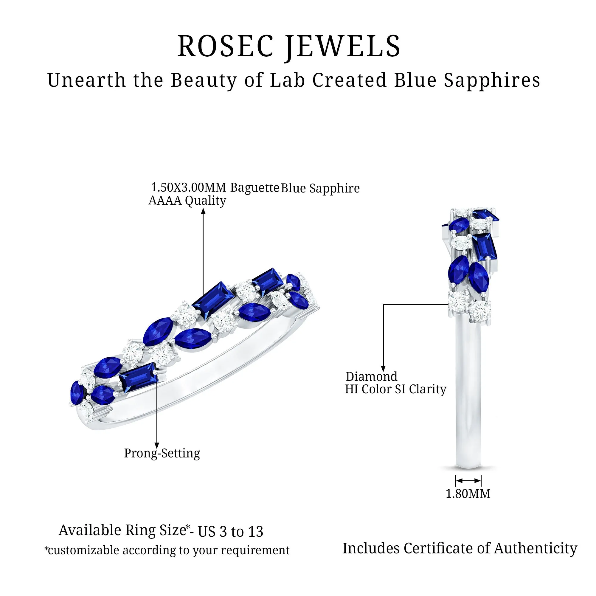 Lab Created Blue Sapphire and Diamond Cluster Half Eternity Ring