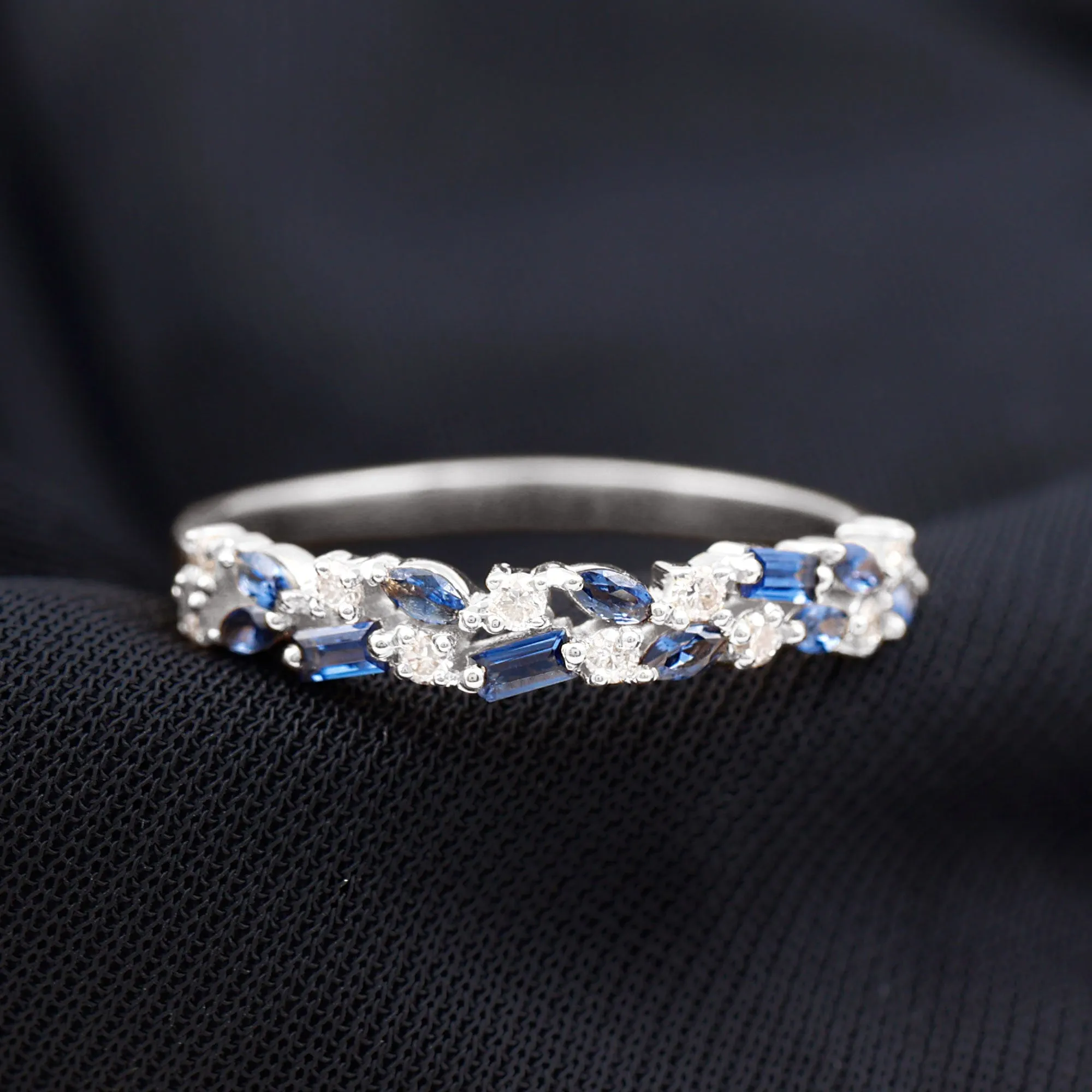 Lab Created Blue Sapphire and Diamond Cluster Half Eternity Ring