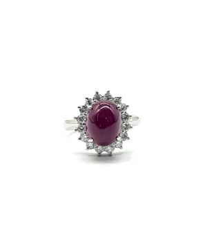 Large Cabachon Cut Ruby and Diamond Halo Ring