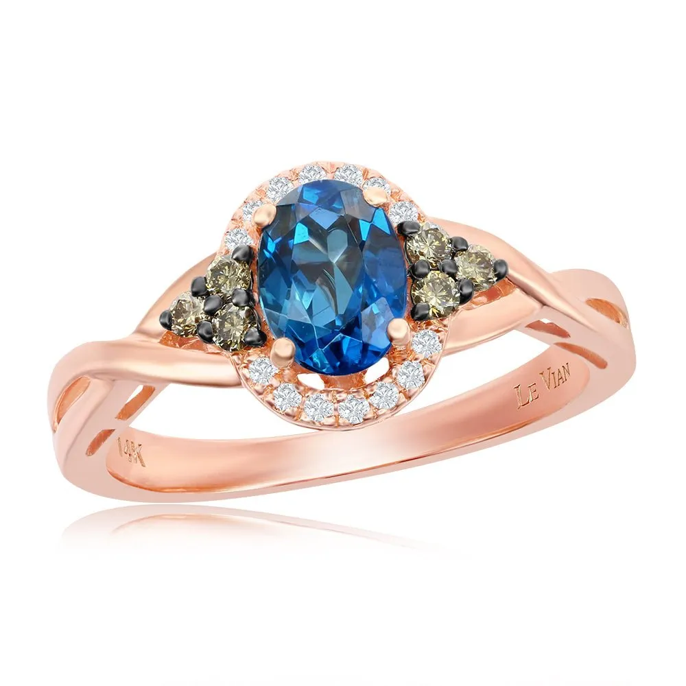 Le Vian Oval Deep Sea Blue Topaz Chocolate & Vanilla Diamond Halo Ring