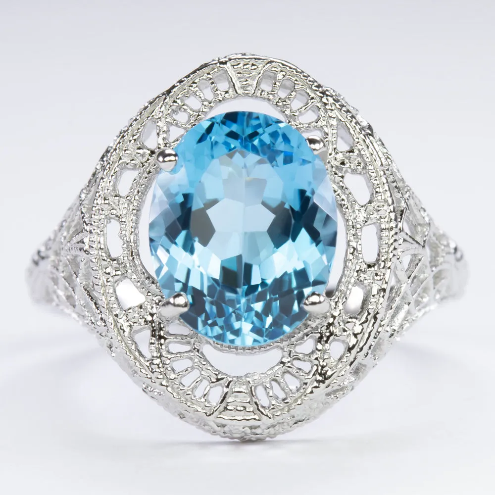 LONDON BLUE TOPAZ STERLING SILVER RING VINTAGE STYLE OVAL CUT GEMSTONE FILIGREE