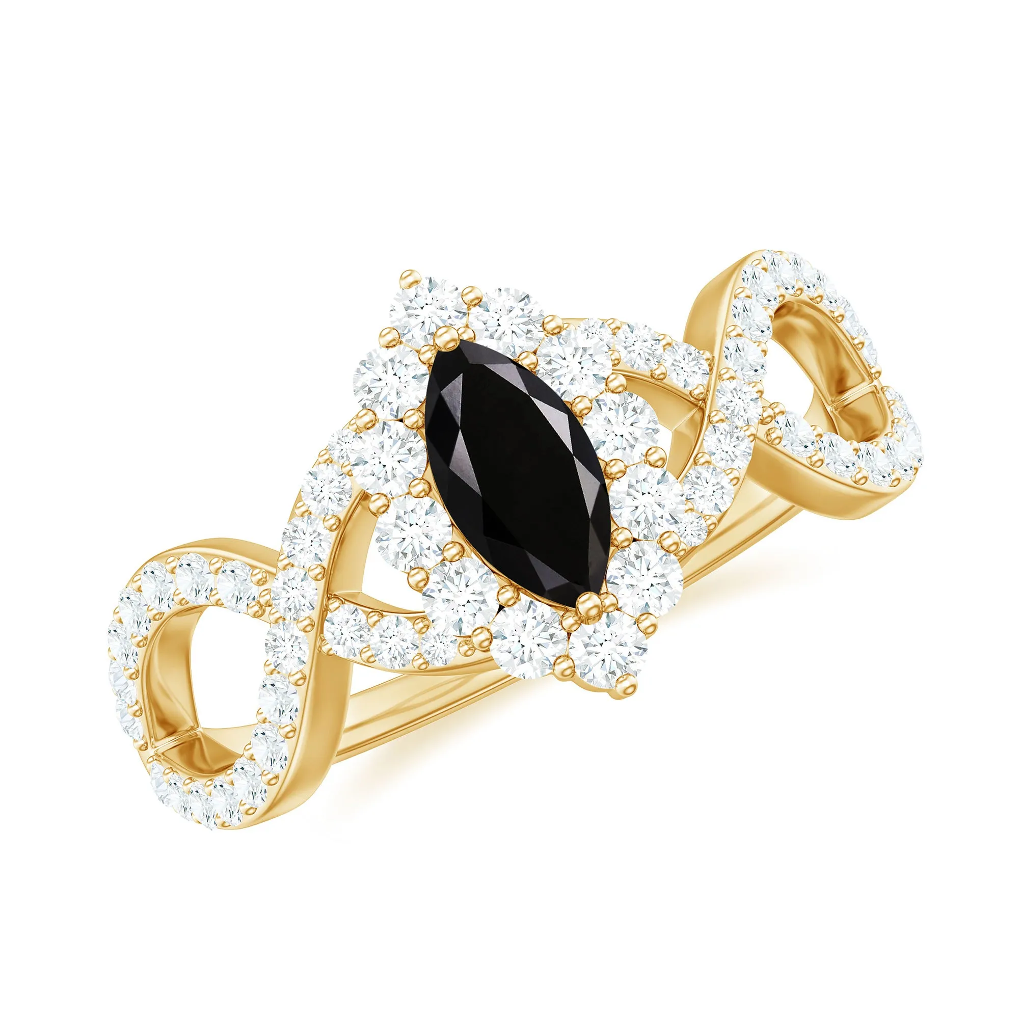 Marquise Cut Black Spinel Crossover Ring with Diamond