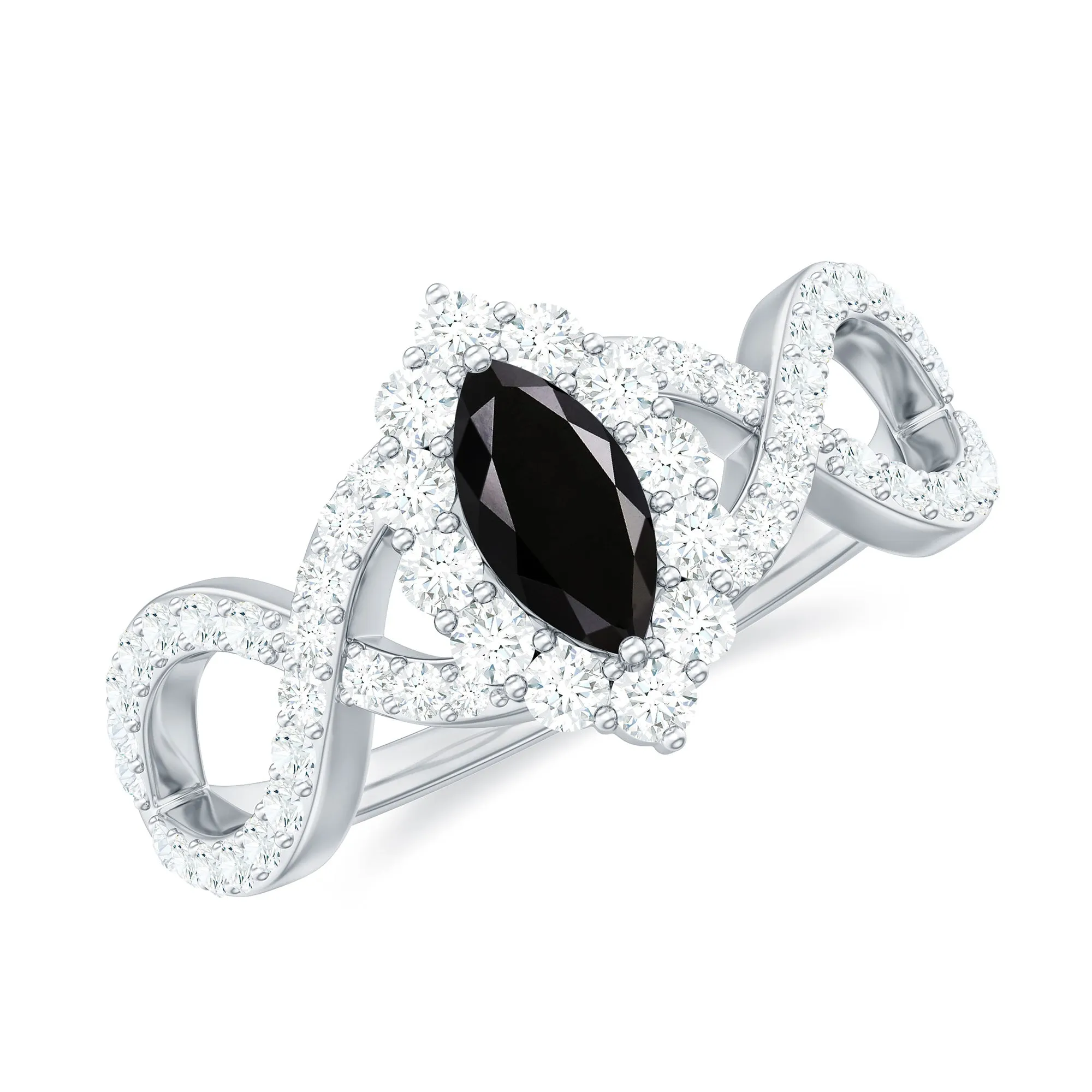 Marquise Cut Black Spinel Crossover Ring with Diamond