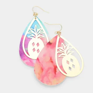 Metal Pineapple Accented Tie Dye Faux Leather Teardrop Layered Dangle Earrings