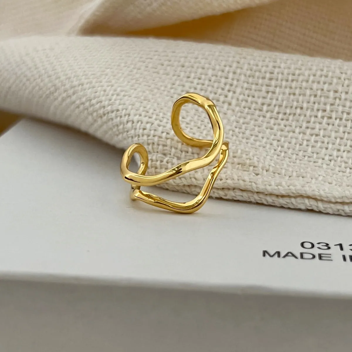 Minimalist Wave Double Band Adjustable Ring - Gold