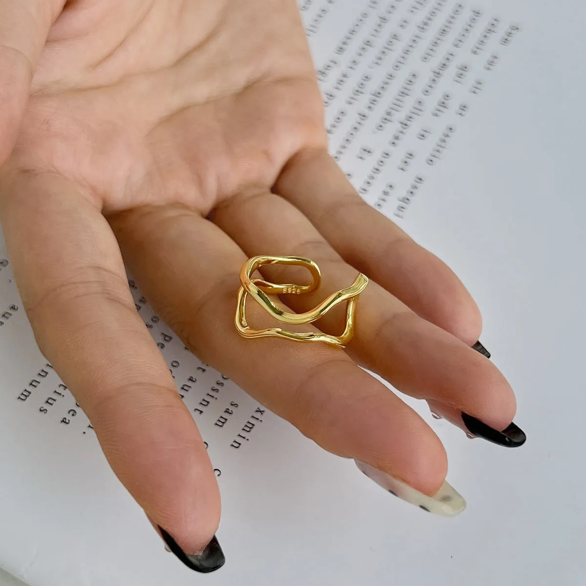 Minimalist Wave Double Band Adjustable Ring - Gold