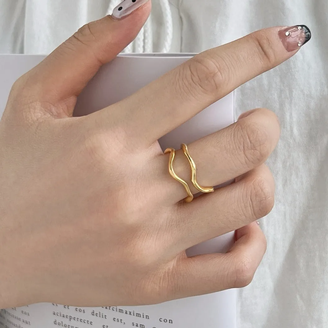 Minimalist Wave Double Band Adjustable Ring - Gold