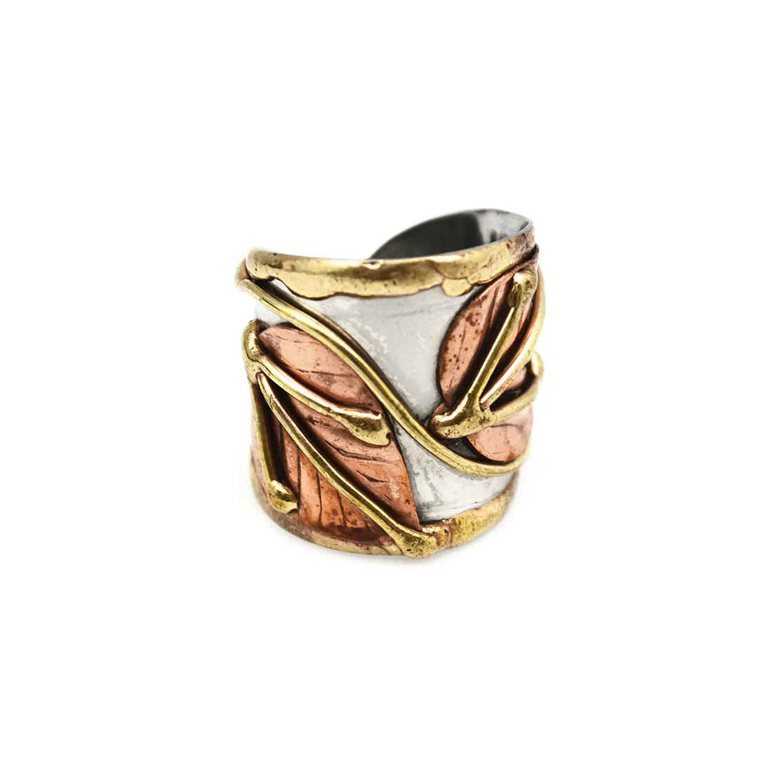 Mixed Metal Cuff Ring - Double Leaf