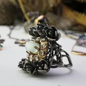 Moonstone and Diamond Cedar Flowers Bramble Ring