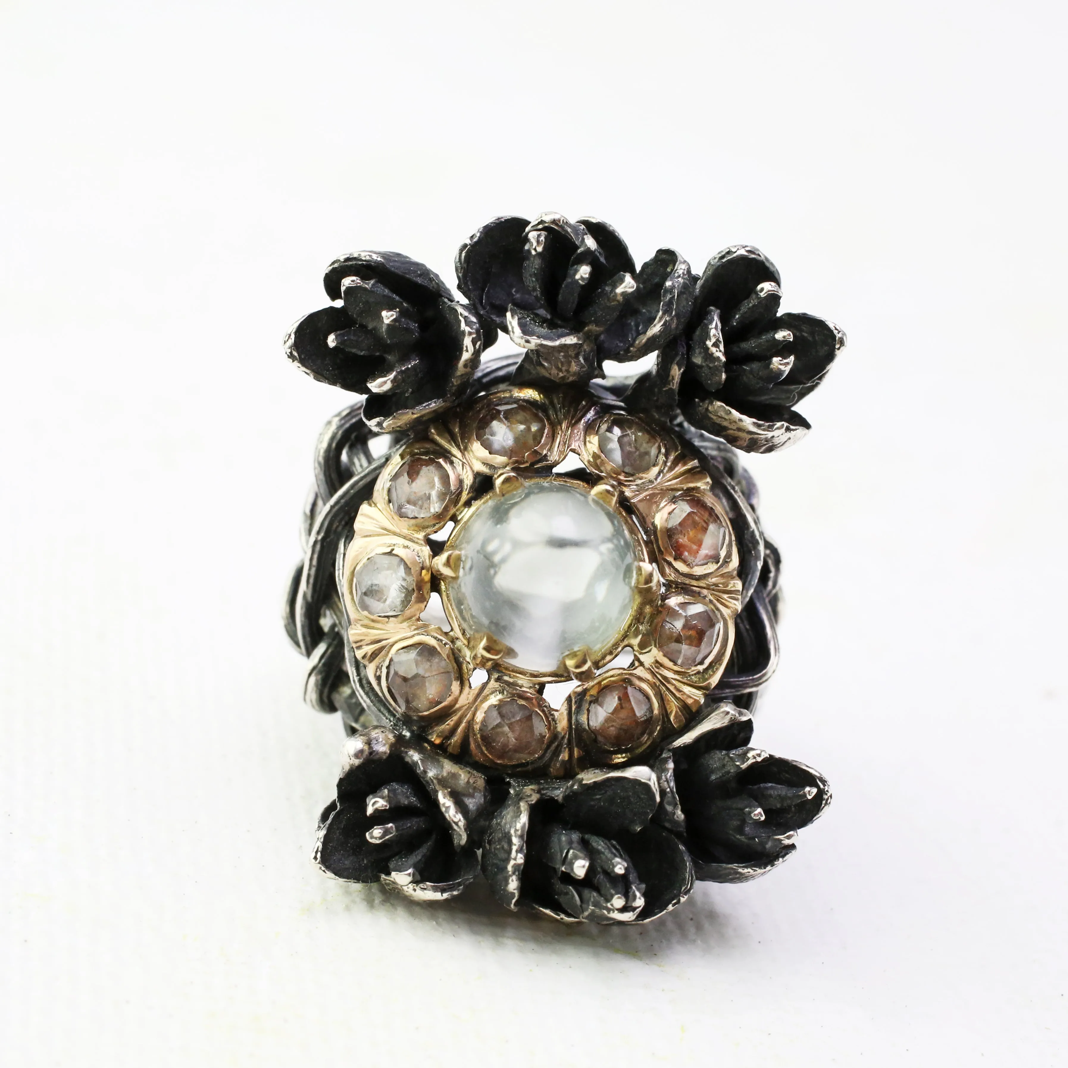 Moonstone and Diamond Cedar Flowers Bramble Ring