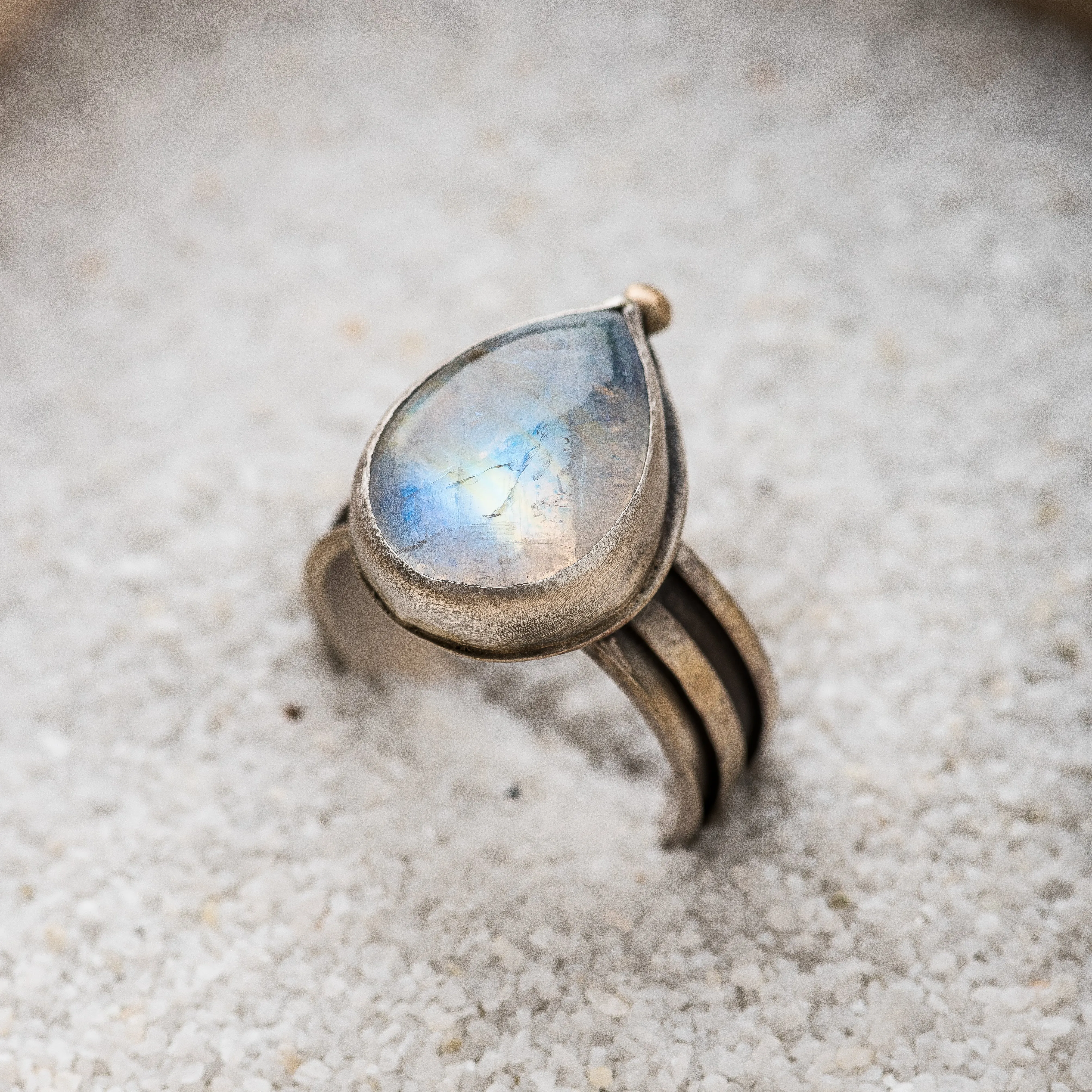 Moonstone Pear Ring with 14k Gold Accent on Striped Band