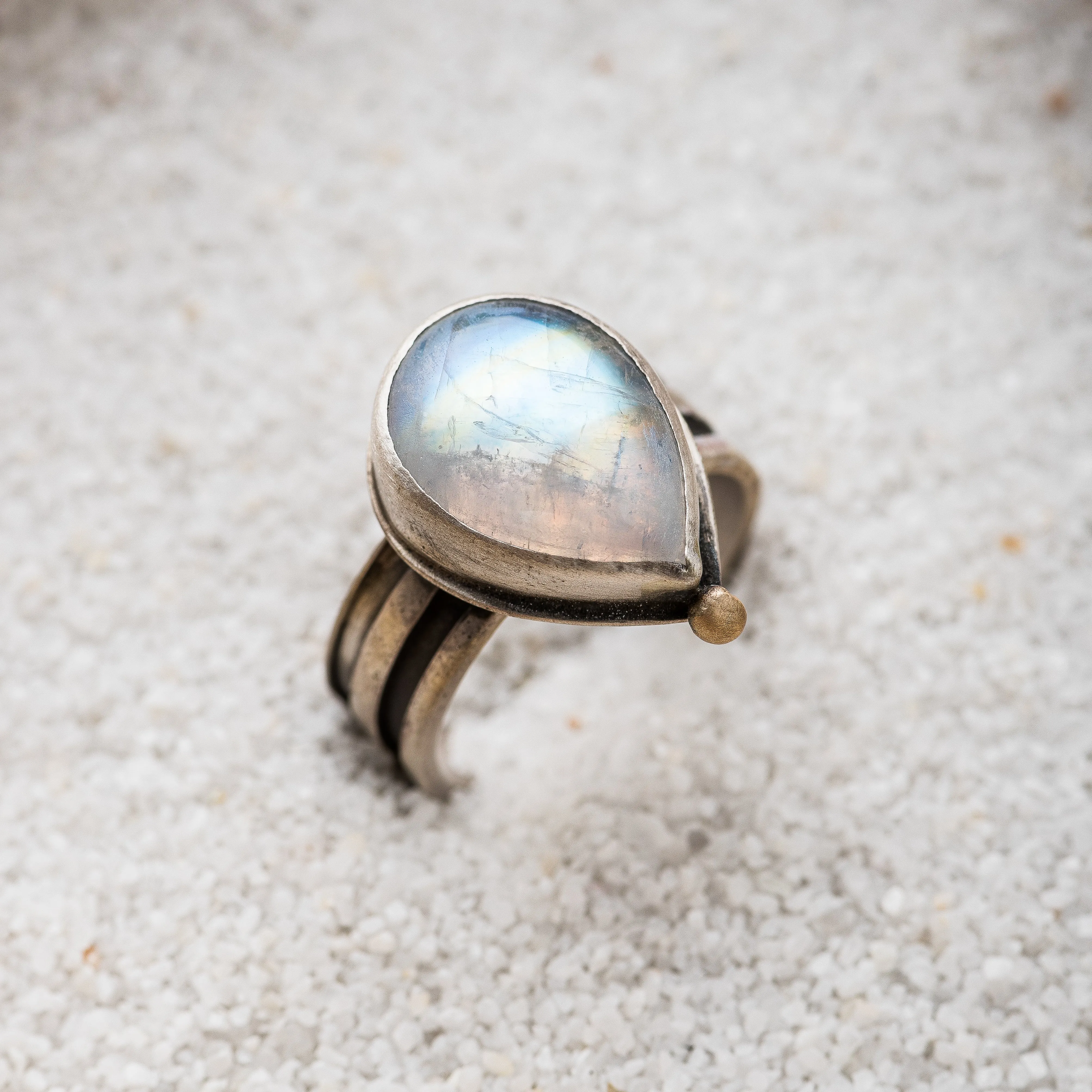 Moonstone Pear Ring with 14k Gold Accent on Striped Band