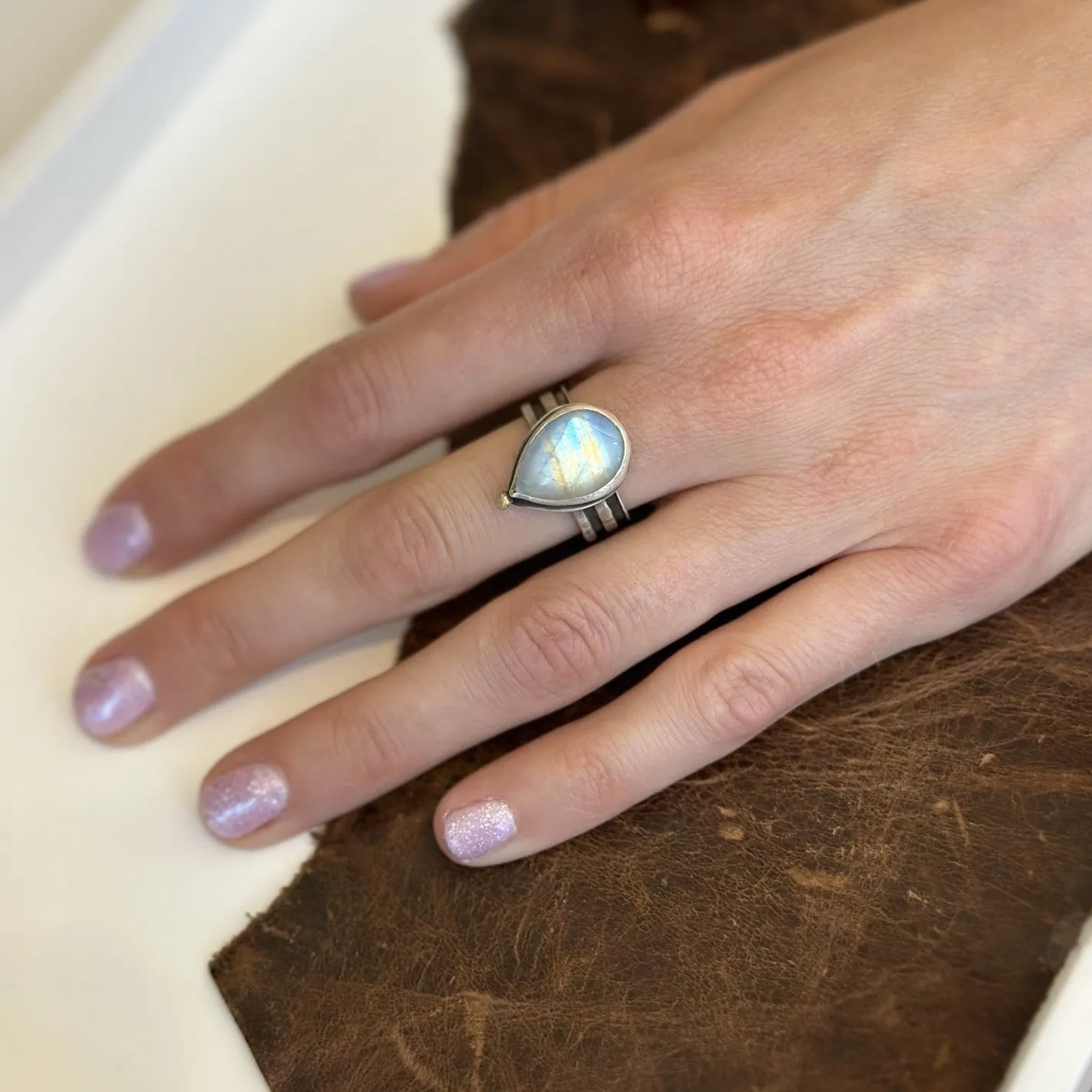 Moonstone Pear Ring with 14k Gold Accent on Striped Band