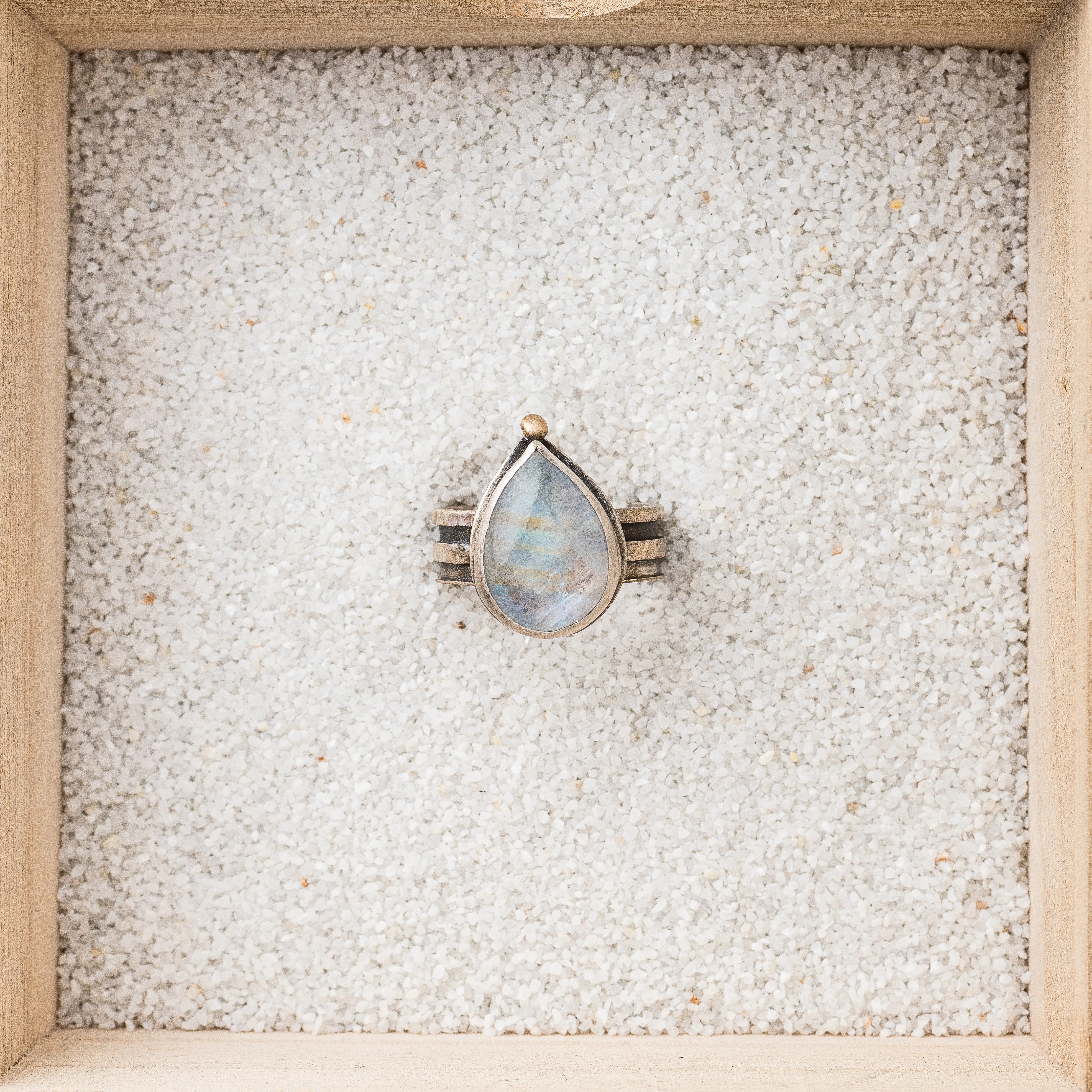 Moonstone Pear Ring with 14k Gold Accent on Striped Band