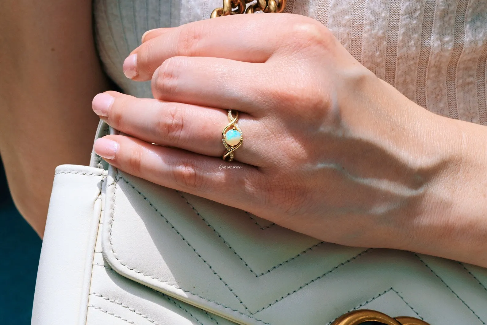 Natural Australian Opal Ring-14K Yellow Gold Vermeil