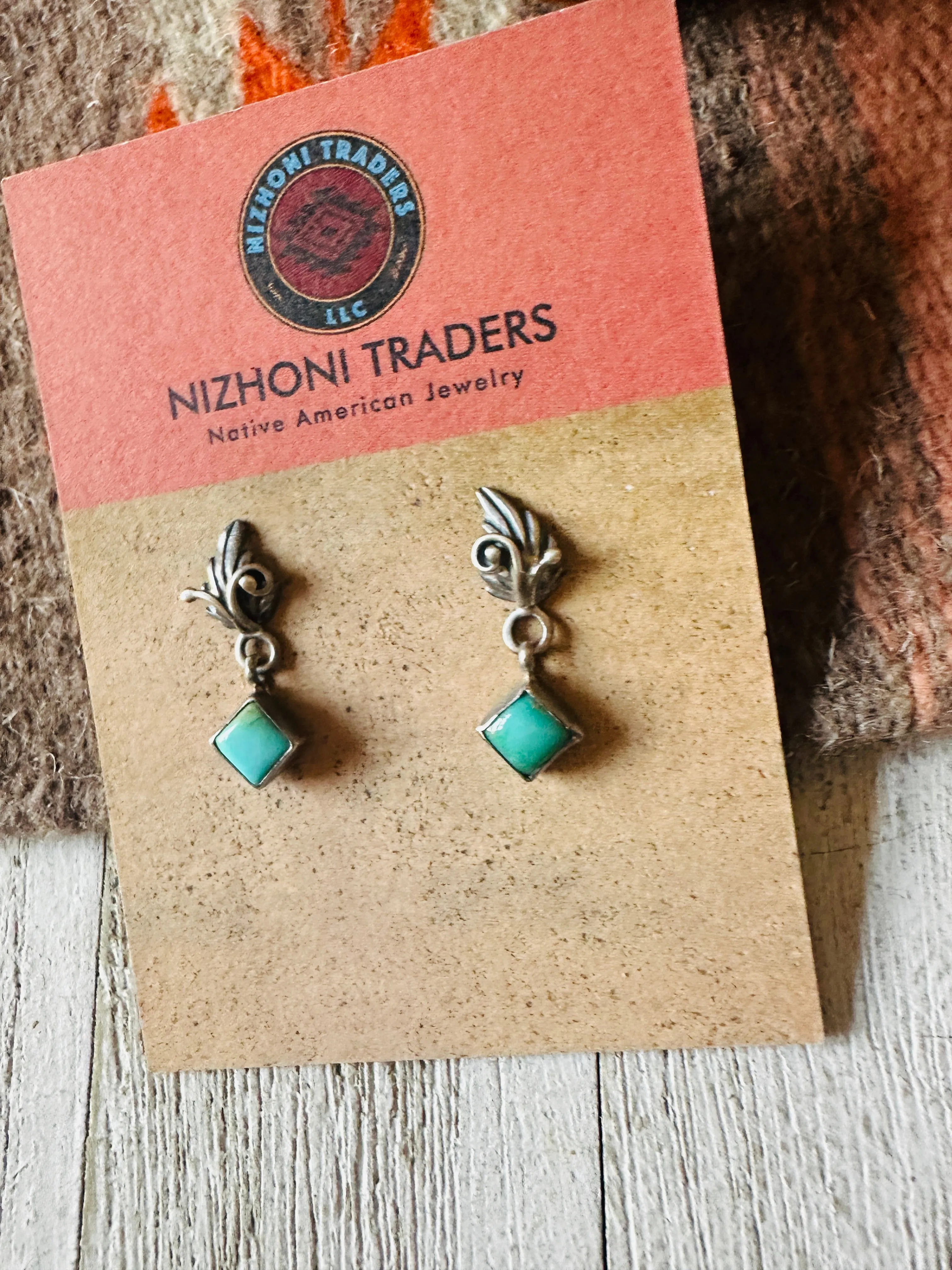 Navajo Turquoise & Sterling Silver Leaf Dangle Earrings