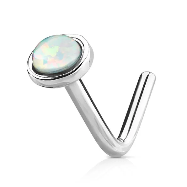 Opal Dome L-Shaped Nose Ring in 14K White Gold