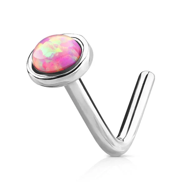 Opal Dome L-Shaped Nose Ring in 14K White Gold