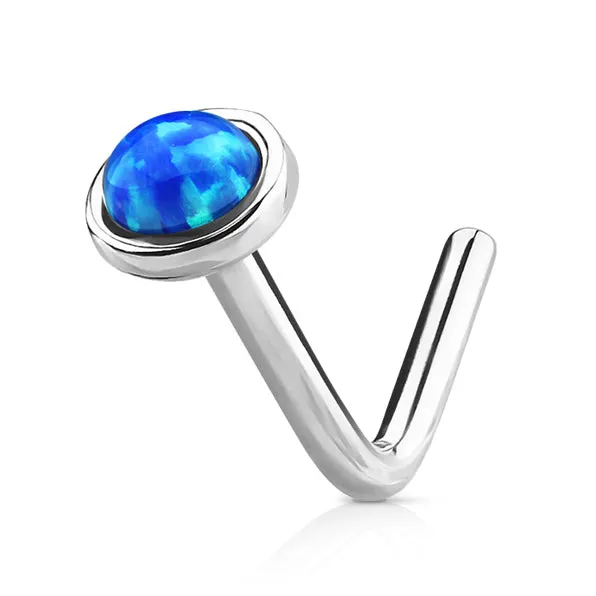 Opal Dome L-Shaped Nose Ring in 14K White Gold