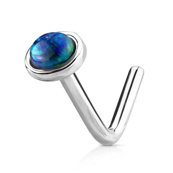 Opal Dome L-Shaped Nose Ring in 14K White Gold