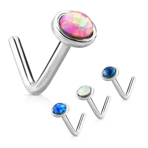 Opal Dome L-Shaped Nose Ring in 14K White Gold