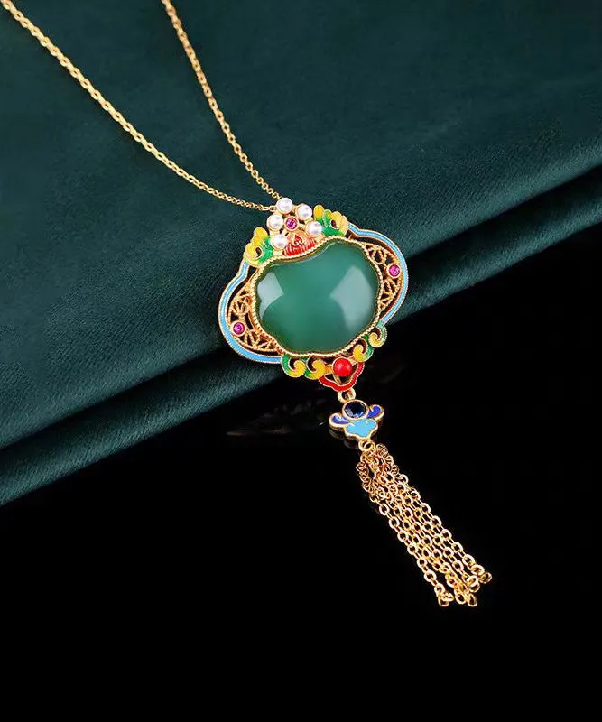 Original Design Rainbow Copper Overgild Jade Pearl Enamel Safety Lock Tassel Pendant Necklace KX1070