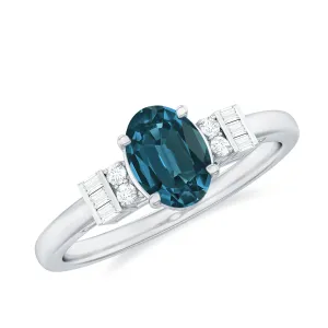 Oval Cut London Blue Topaz Solitaire Engagement Ring with Diamond