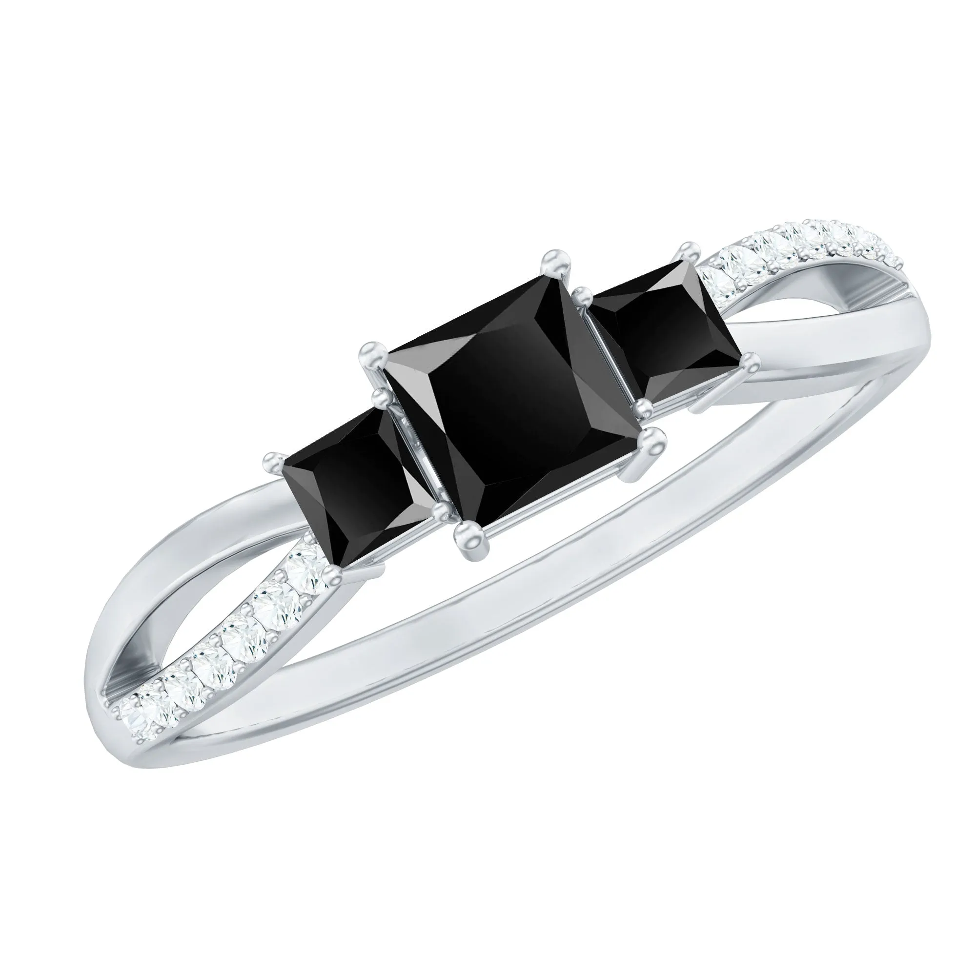 Princess Cut Three Stone Black Onyx Infinity Ring with Diamond