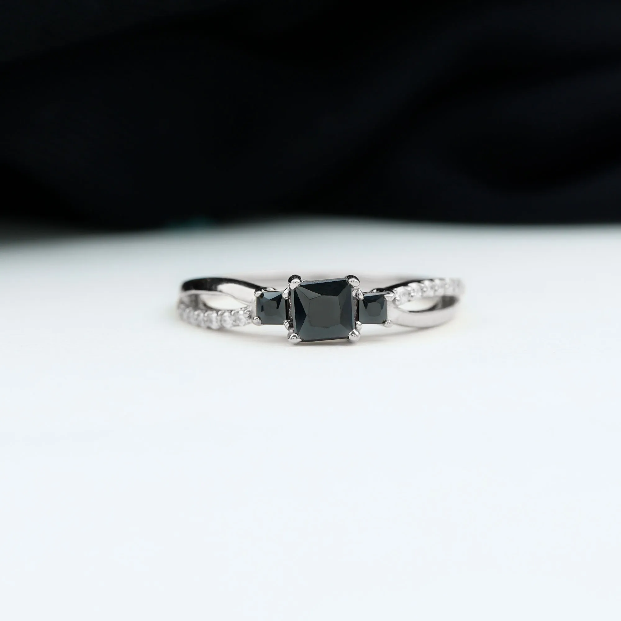 Princess Cut Three Stone Black Onyx Infinity Ring with Diamond