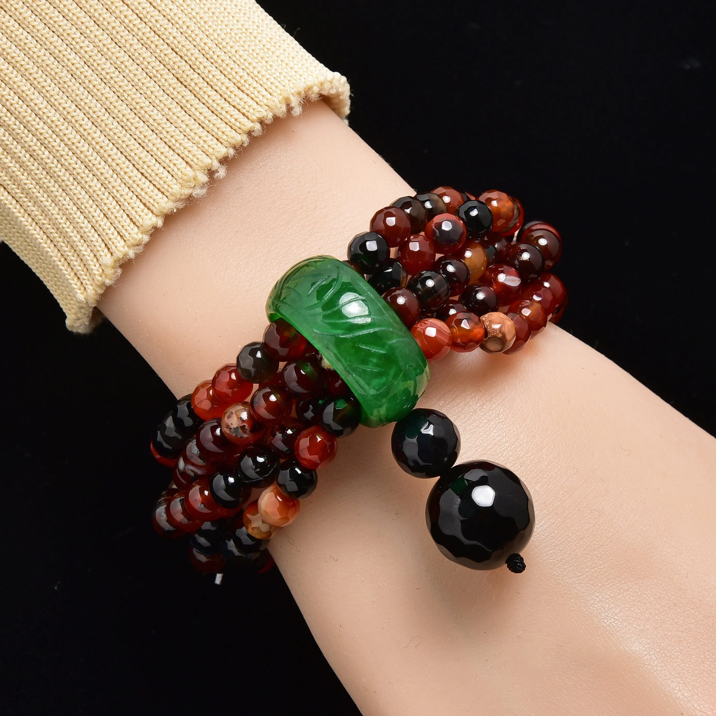 Rainbow Agate 6mm Beads with Jade Ring Gemstone Elastic Bracelet