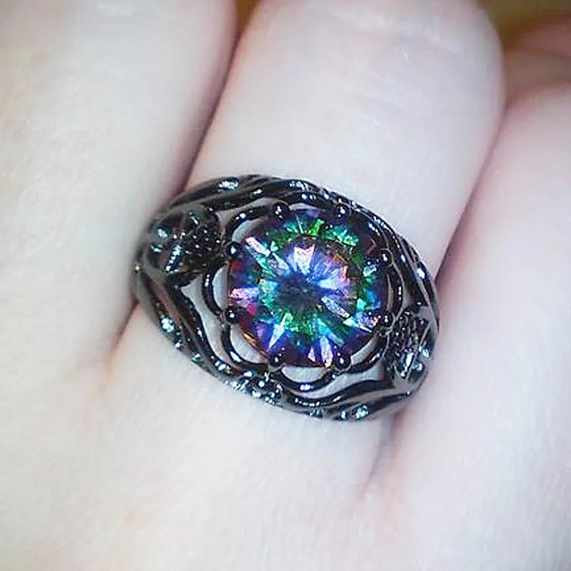 Rainbow Opal Stone Mystique Black Ring