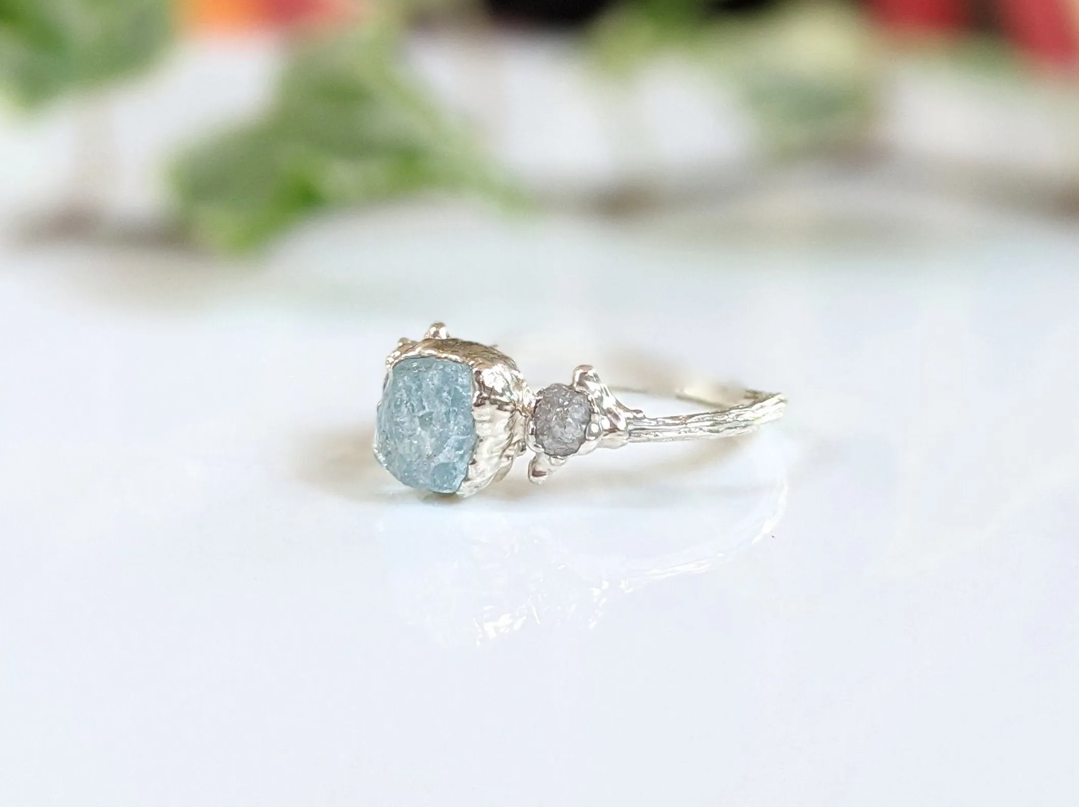 Raw Aquamarine and diamond twig ring