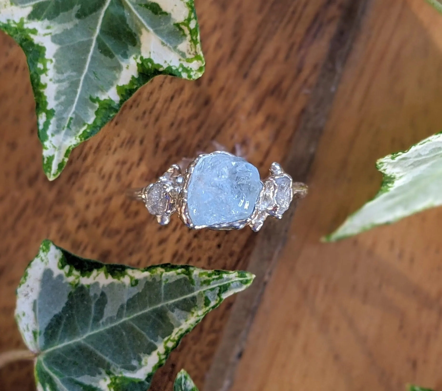 Raw Aquamarine and diamond twig ring