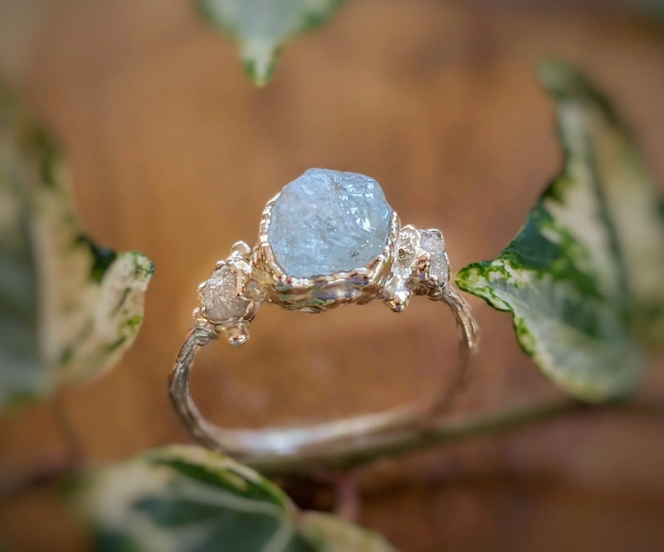 Raw Aquamarine and diamond twig ring