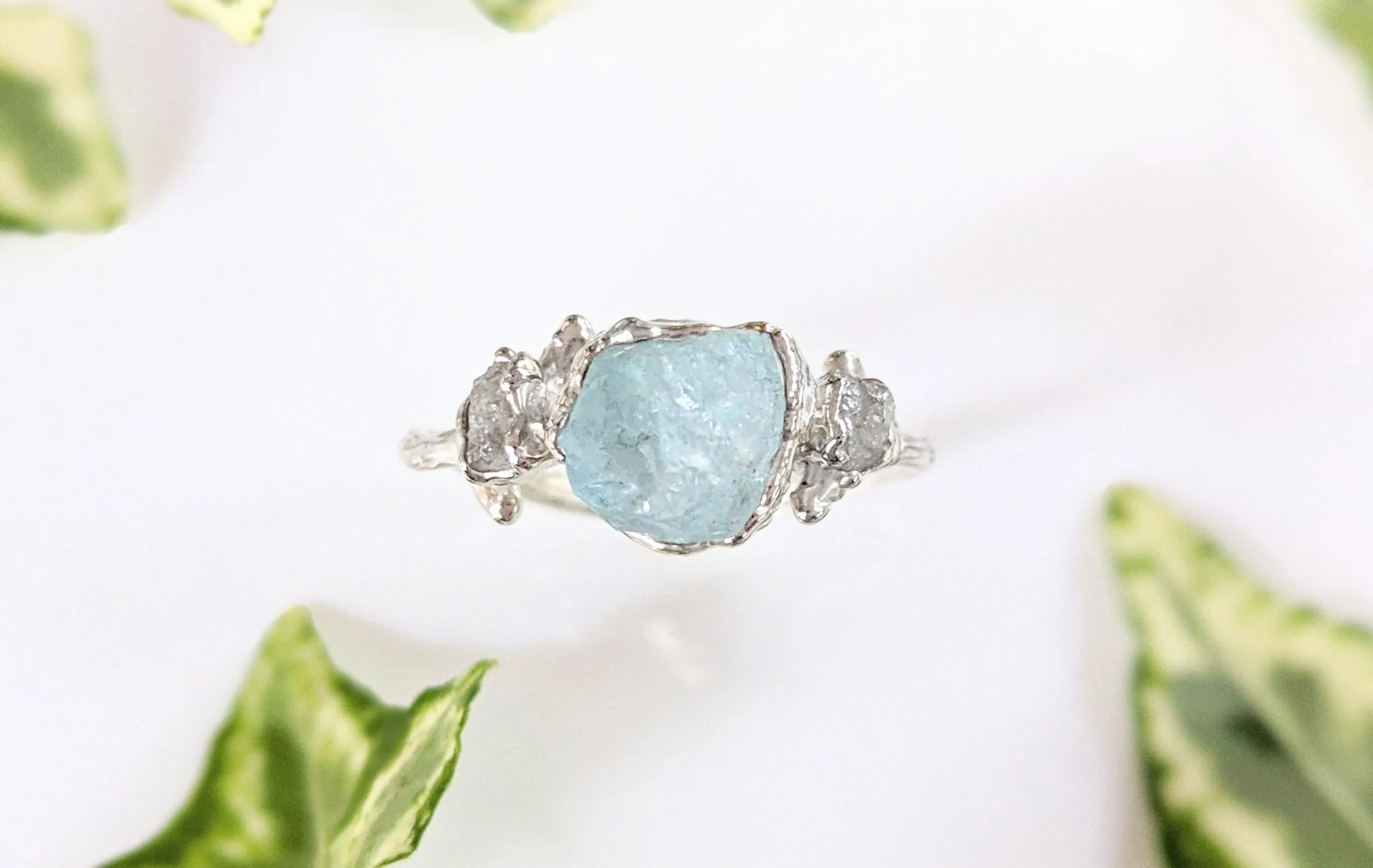 Raw Aquamarine and diamond twig ring