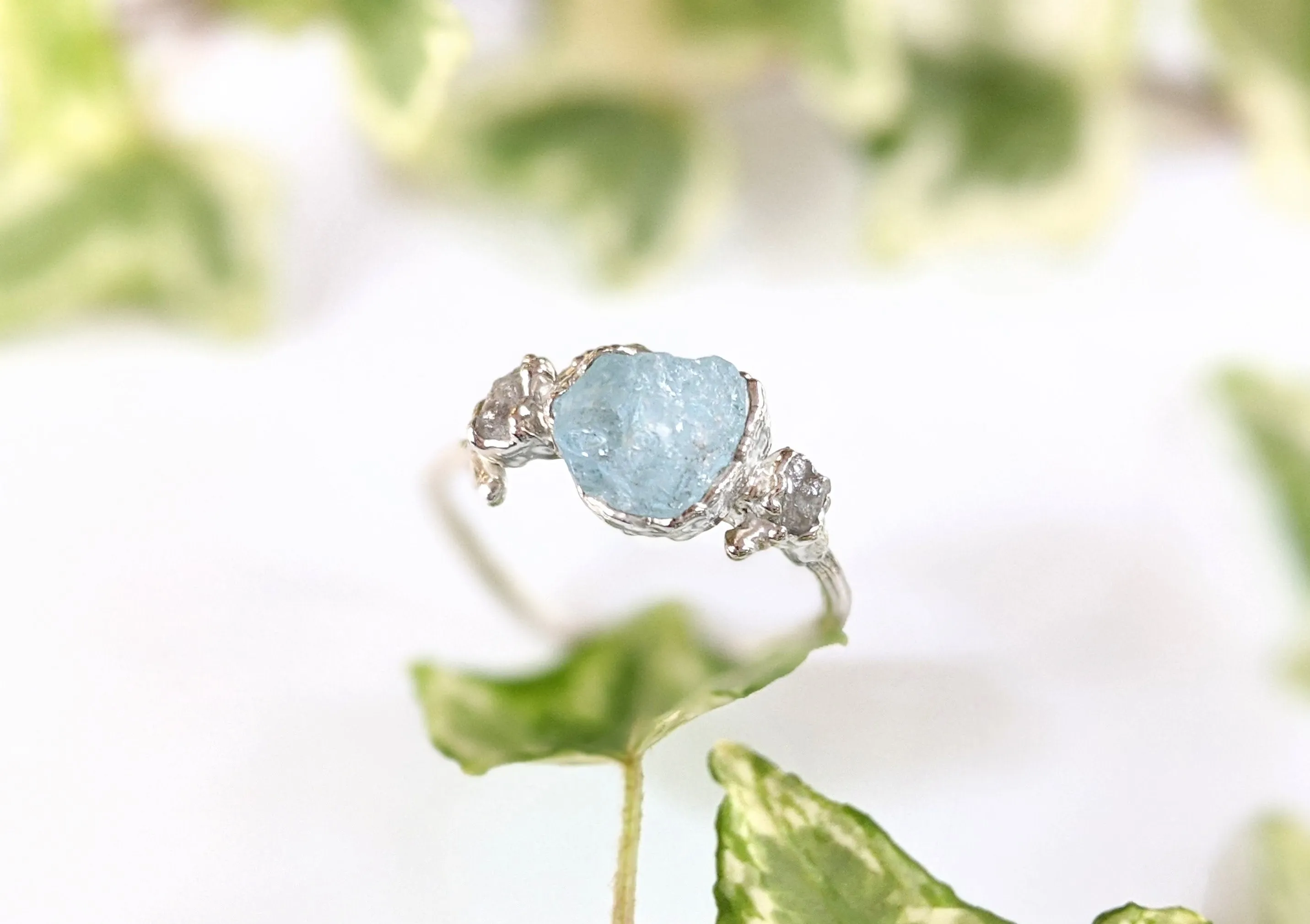 Raw Aquamarine and diamond twig ring