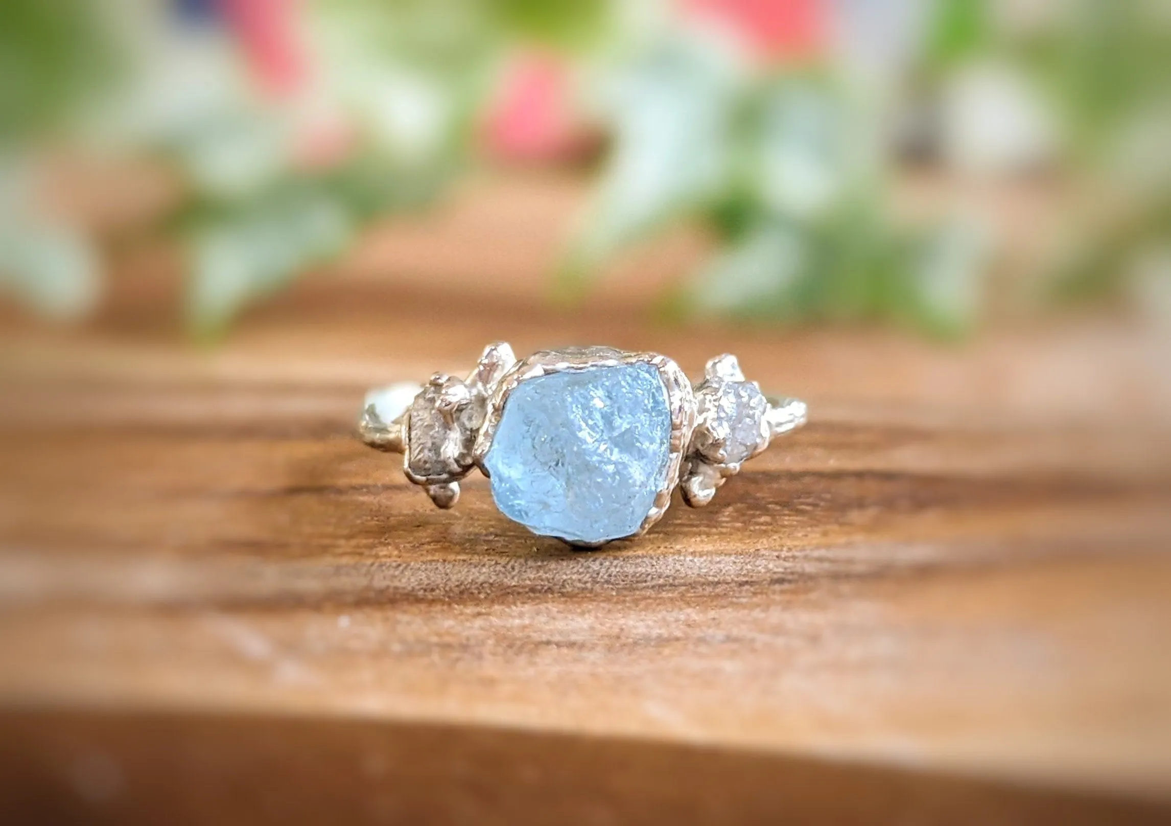 Raw Aquamarine and diamond twig ring