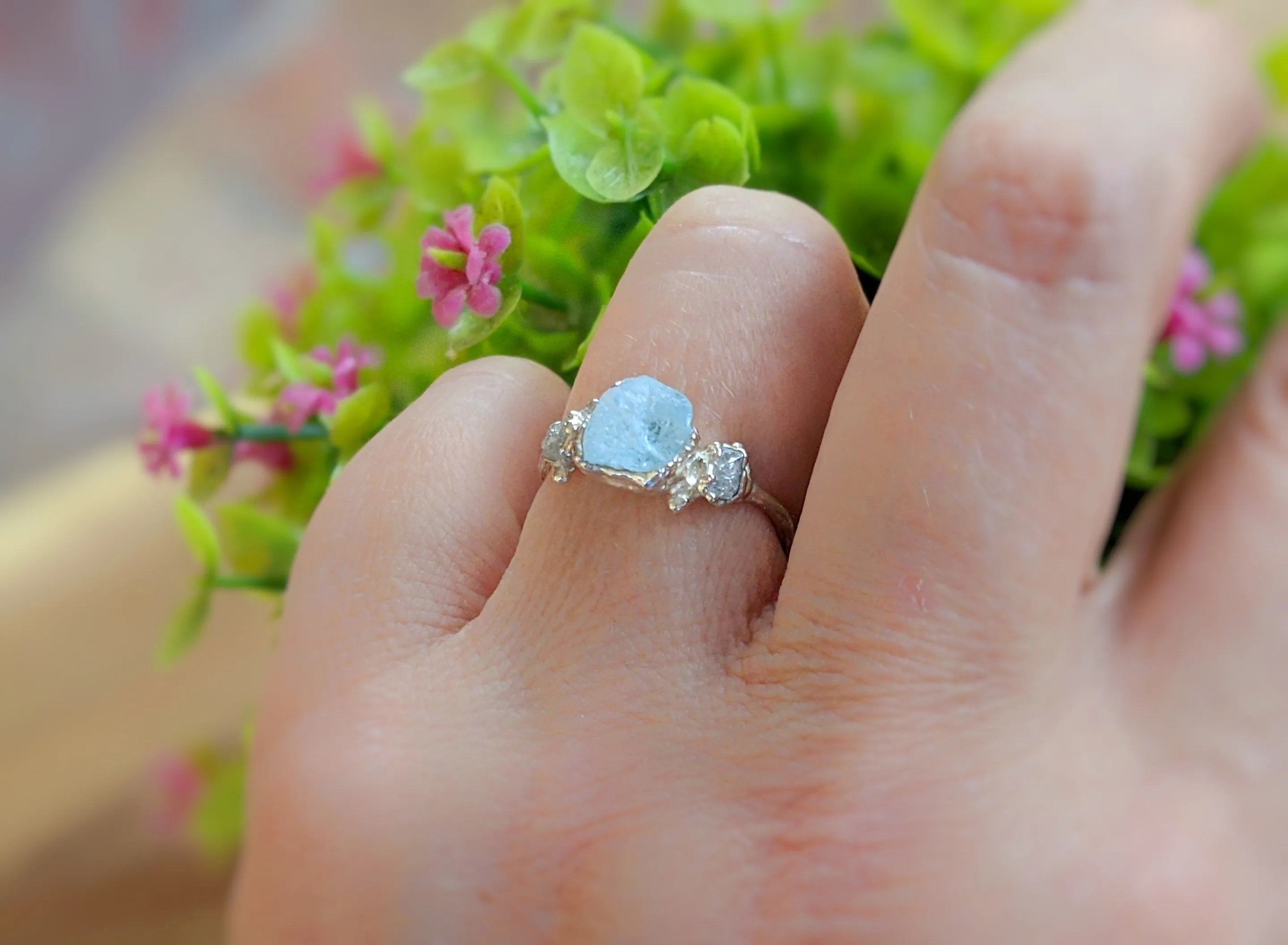 Raw Aquamarine and diamond twig ring