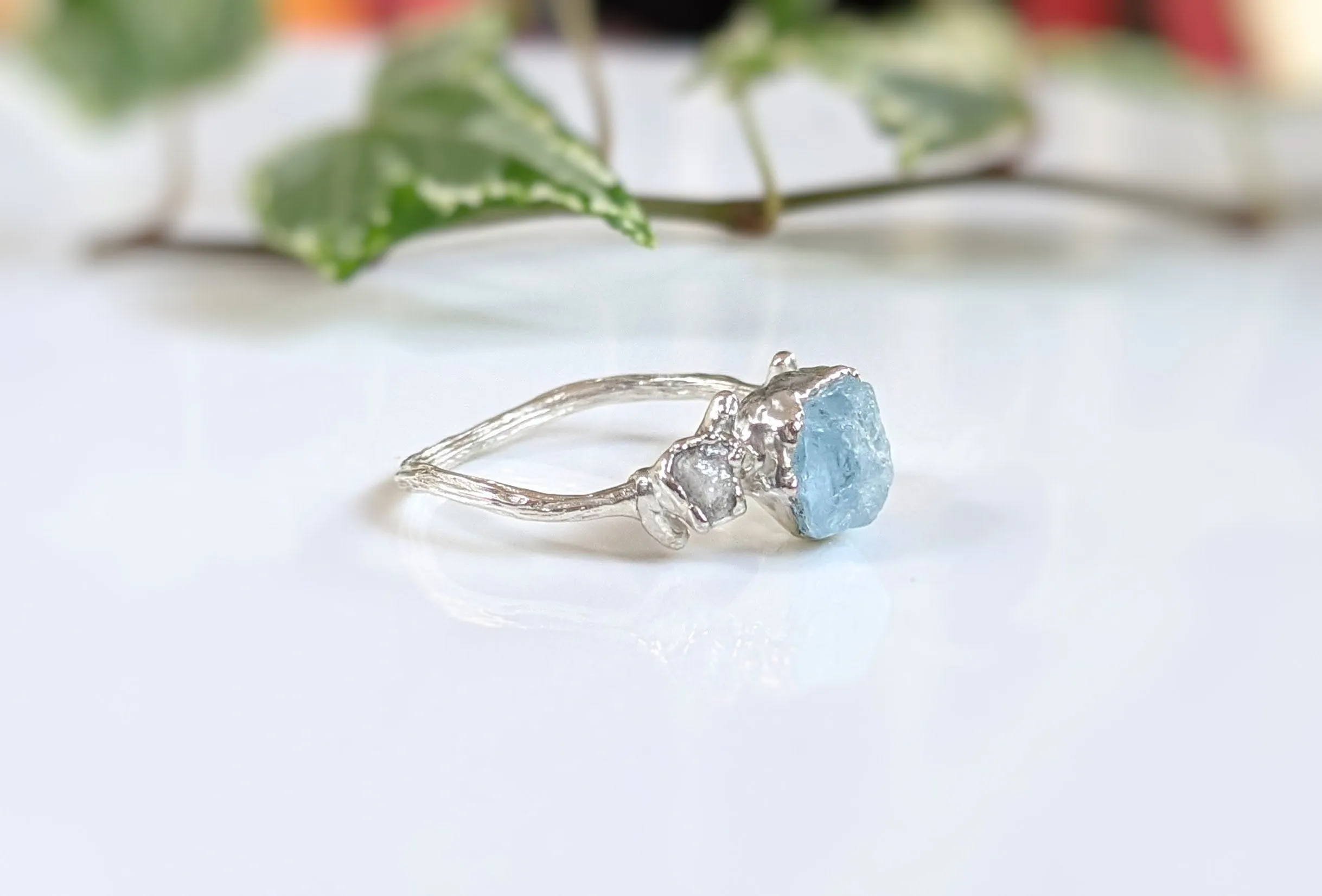 Raw Aquamarine and diamond twig ring