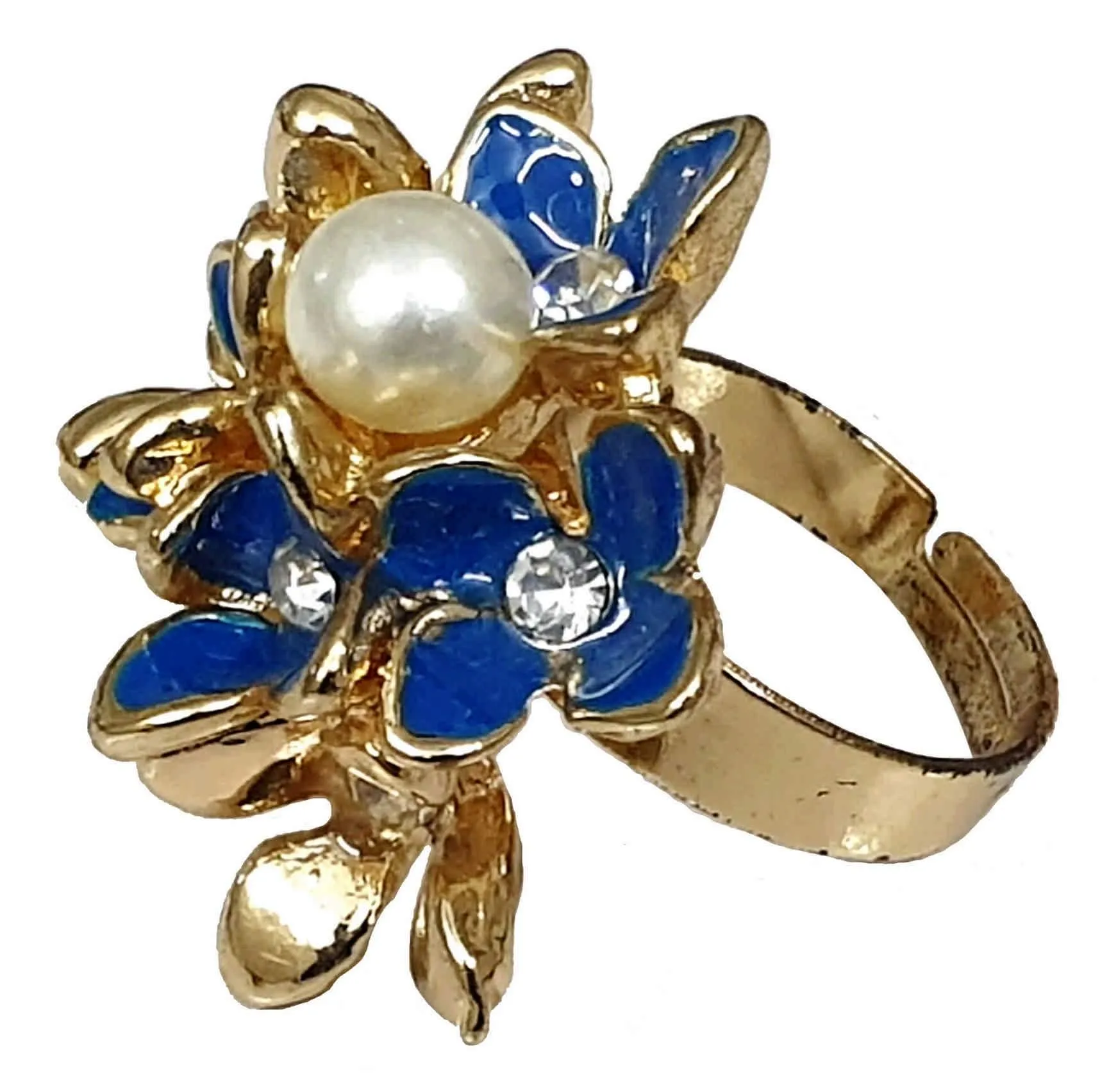 Rhinestones and Pearls Studded Floral Design Enamel Imitation Artificial Metal Polished Ring for Girls