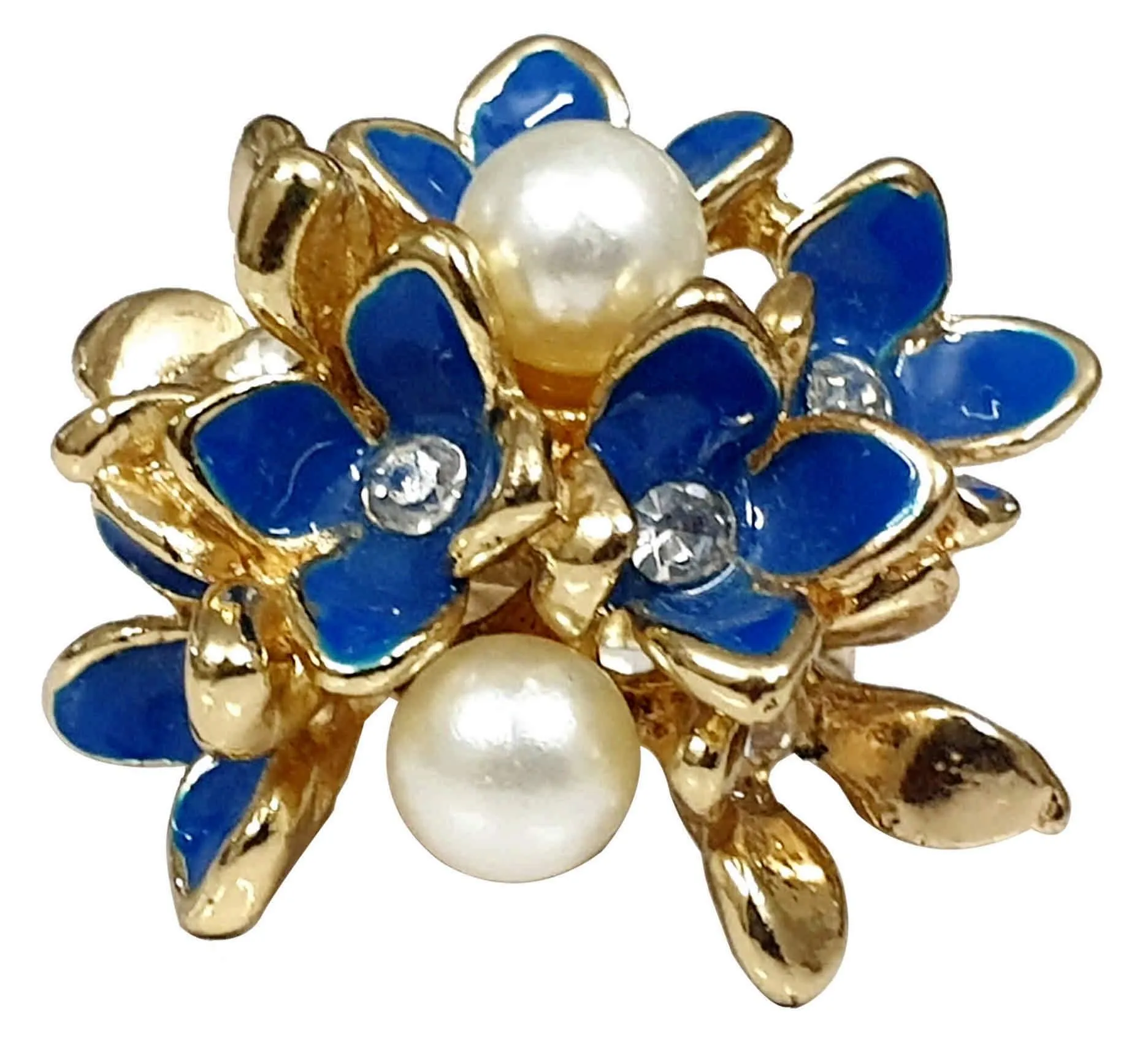 Rhinestones and Pearls Studded Floral Design Enamel Imitation Artificial Metal Polished Ring for Girls