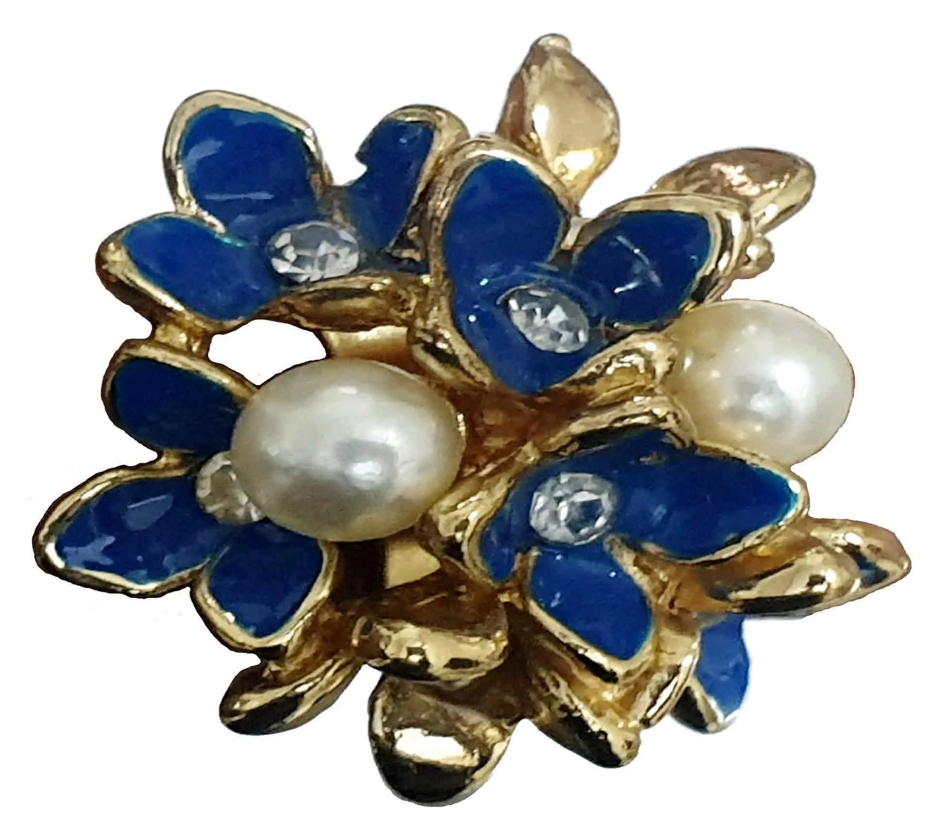 Rhinestones and Pearls Studded Floral Design Enamel Imitation Artificial Metal Polished Ring for Girls