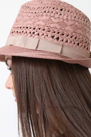 Ribbon Trim Curved Straw Fedora