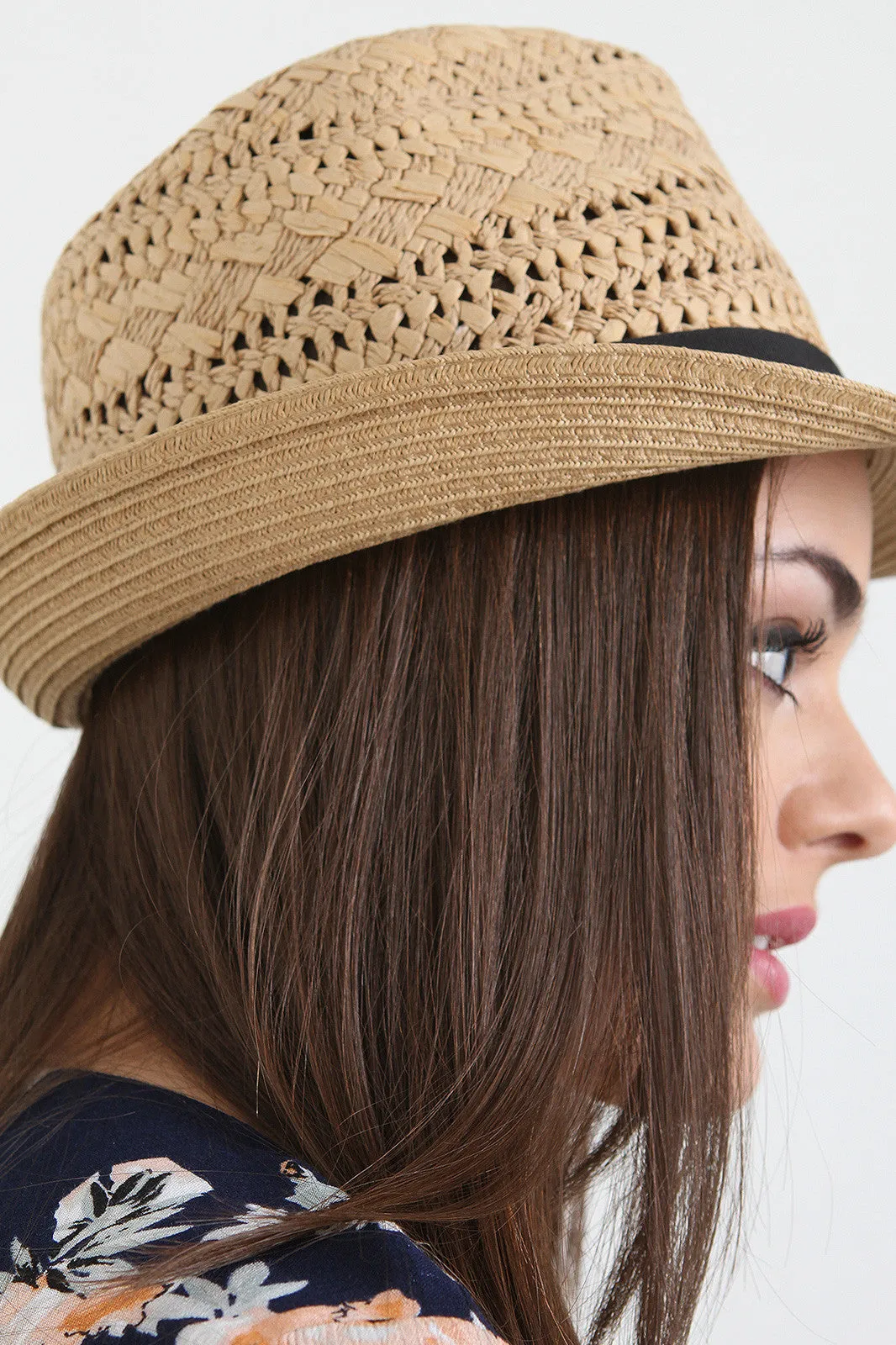 Ribbon Trim Curved Straw Fedora